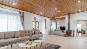 Una sala de estar moderna con un sofá, dos mesas de centro, una chimenea y un televisor.