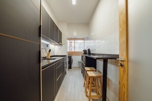 Fridge, microwave, oven, dishwasher