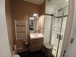 Chuveiro, secador de cabelo, sabonete, papel higiênico