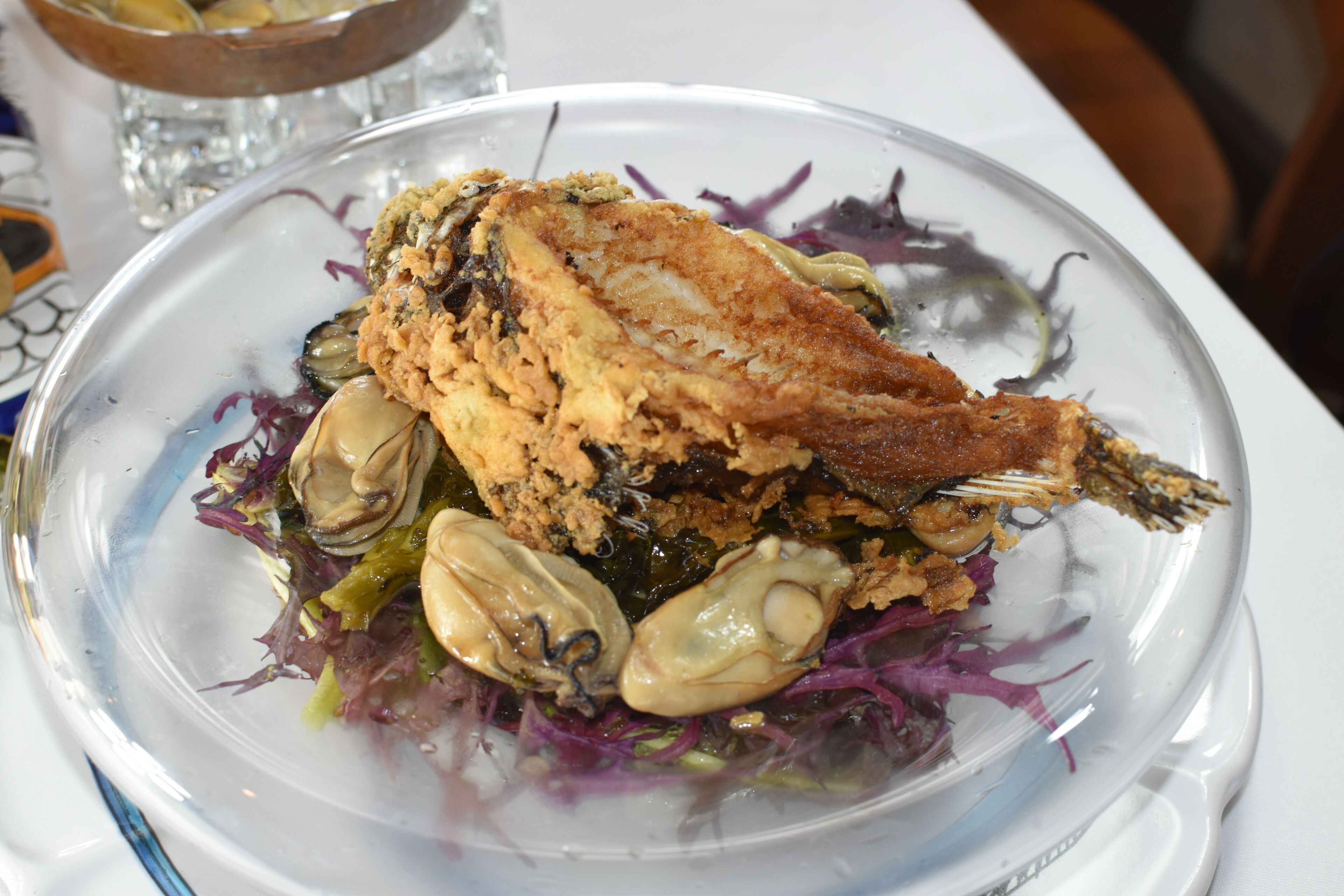 A plate of food with a fried fish, clams, and a salad.