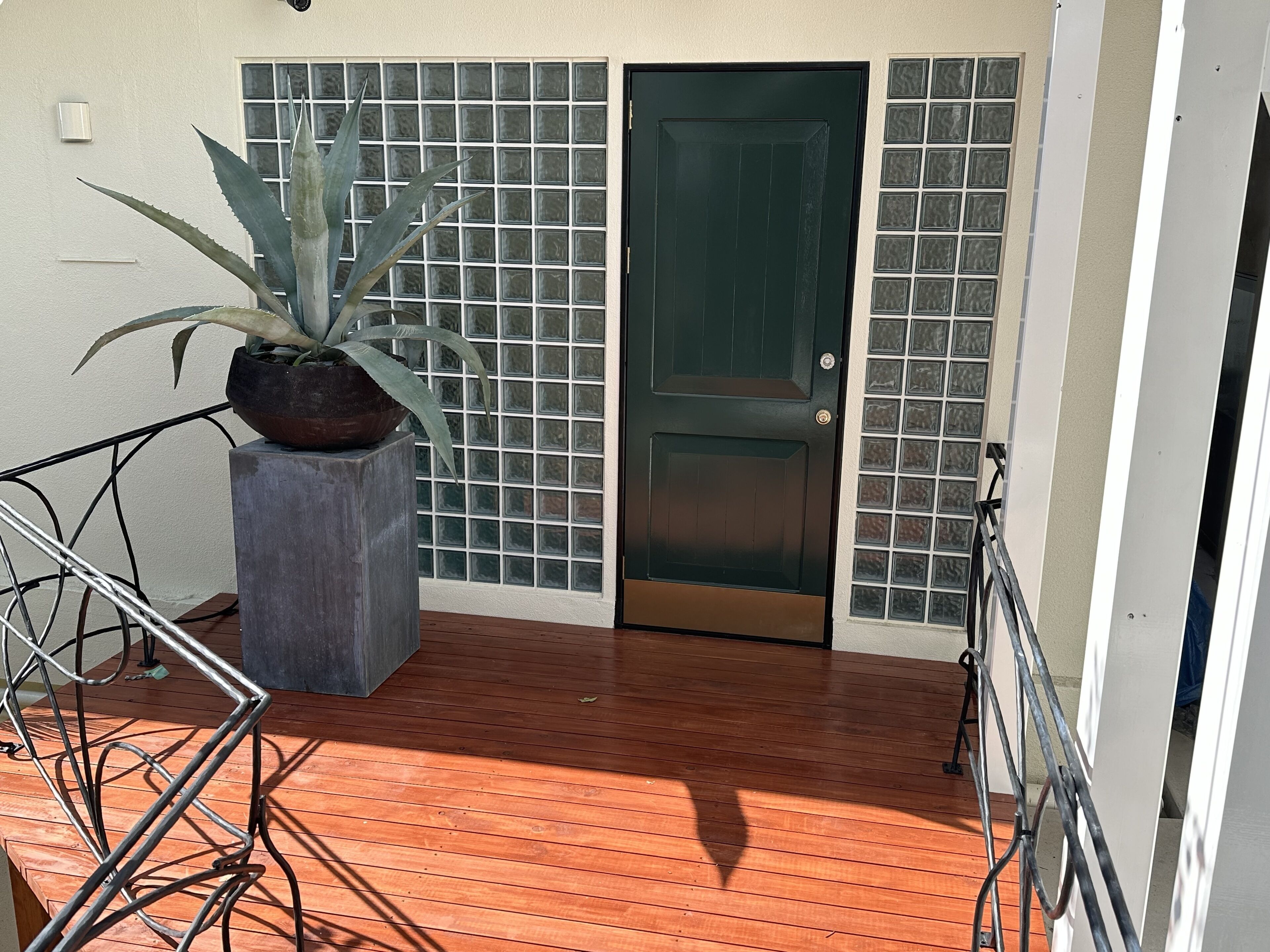 Una terraza de madera con una planta en maceta, baranda metálica y una puerta con panel de vidrio.