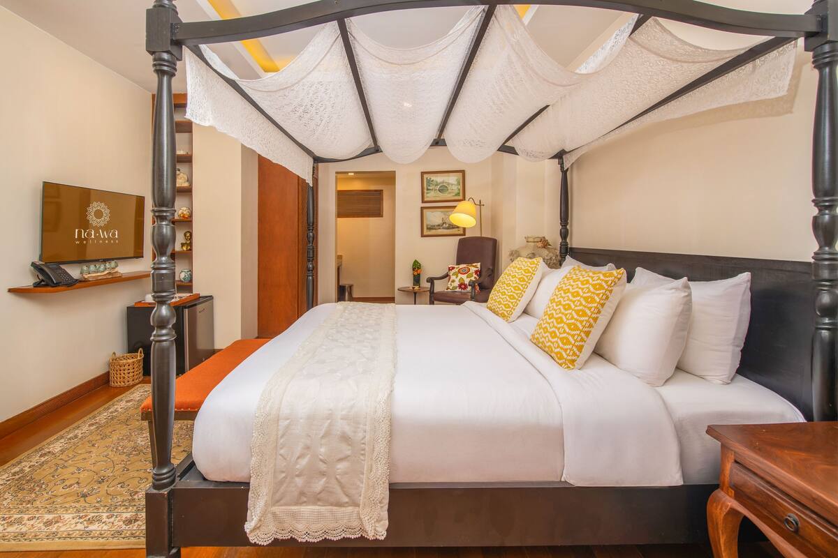 A four-poster bed with a canopy, a television, a bedside table, and a decorative rug.