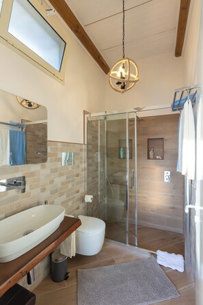 Douche, sèche-cheveux, serviettes fournies, shampoing