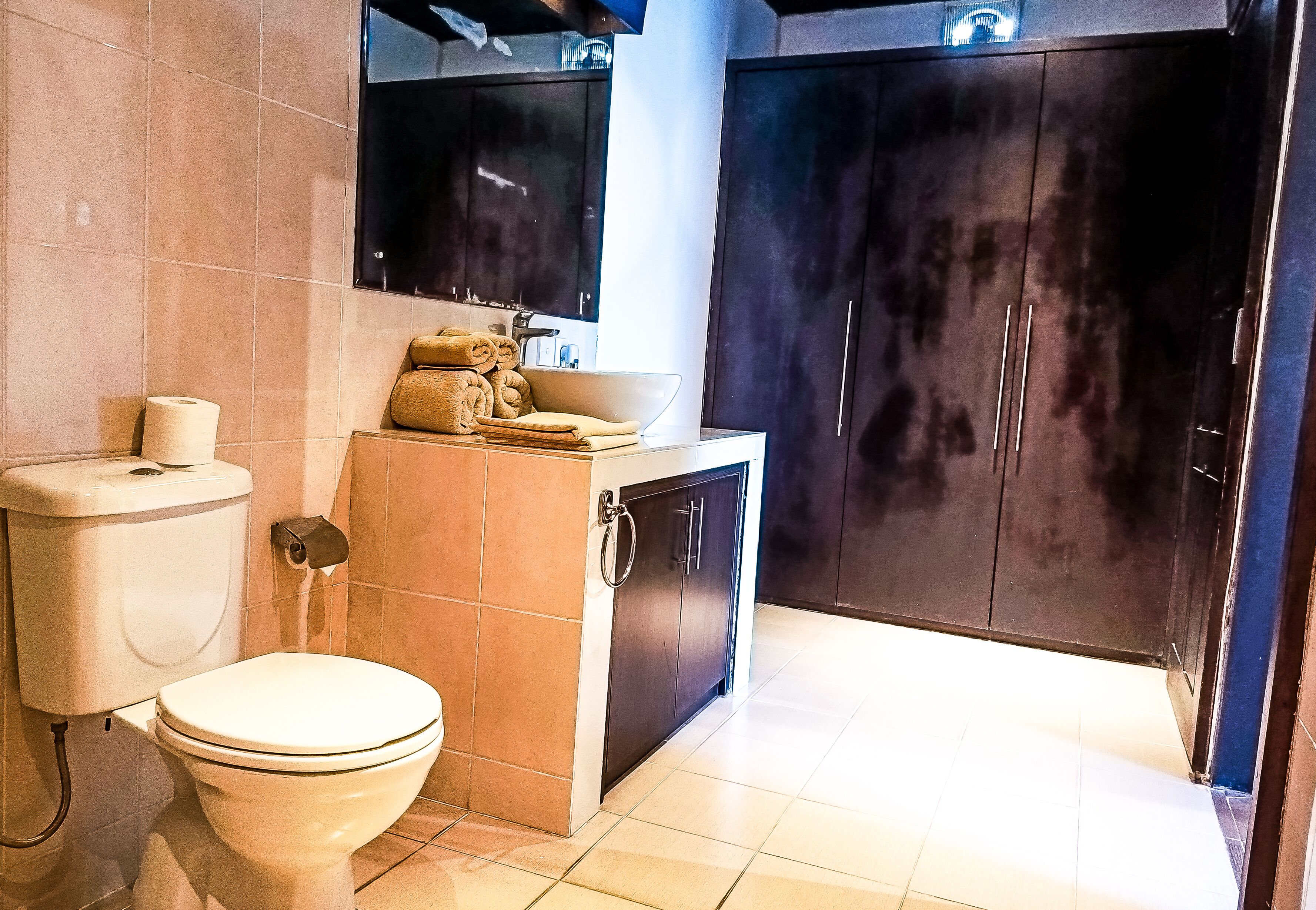 Un baño moderno con inodoro, lavamanos y muebles de color oscuro.