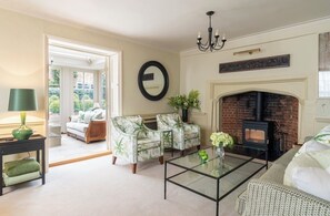 Smart TV, lareira, livros, aparelho de som