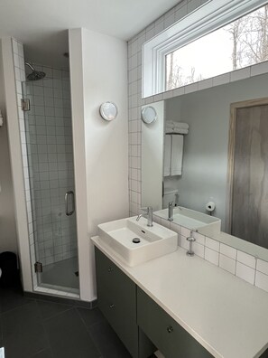 Shower, hair dryer, towels, soap