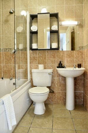 Hair dryer, towels, toilet paper
