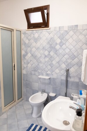 Hair dryer, bidet, towels, toilet paper