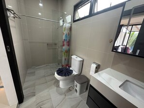 Chuveiro, toalhas de banho, papel higiênico 