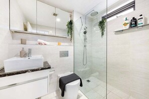 Shower, hair dryer, towels, soap