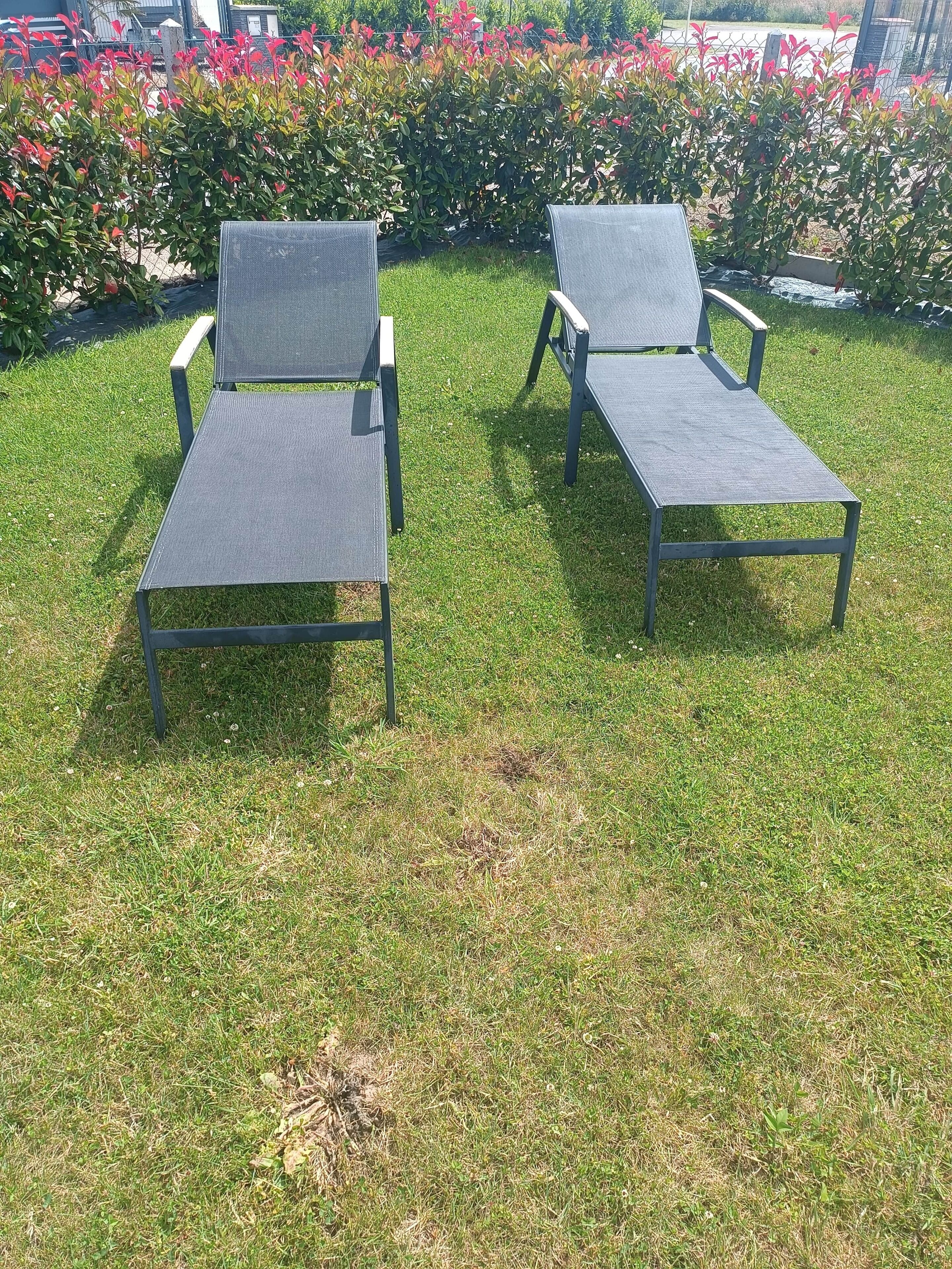 Two outdoor lounge chairs on a grassy area with a hedge in the background.