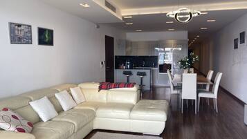 Luxury Apartment | Living area | 55-inch flat-screen TV with cable channels, Netflix, streaming services