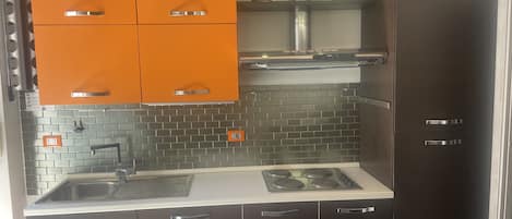 Een koelkast, een oven, een kookplaat, een vaatwasser