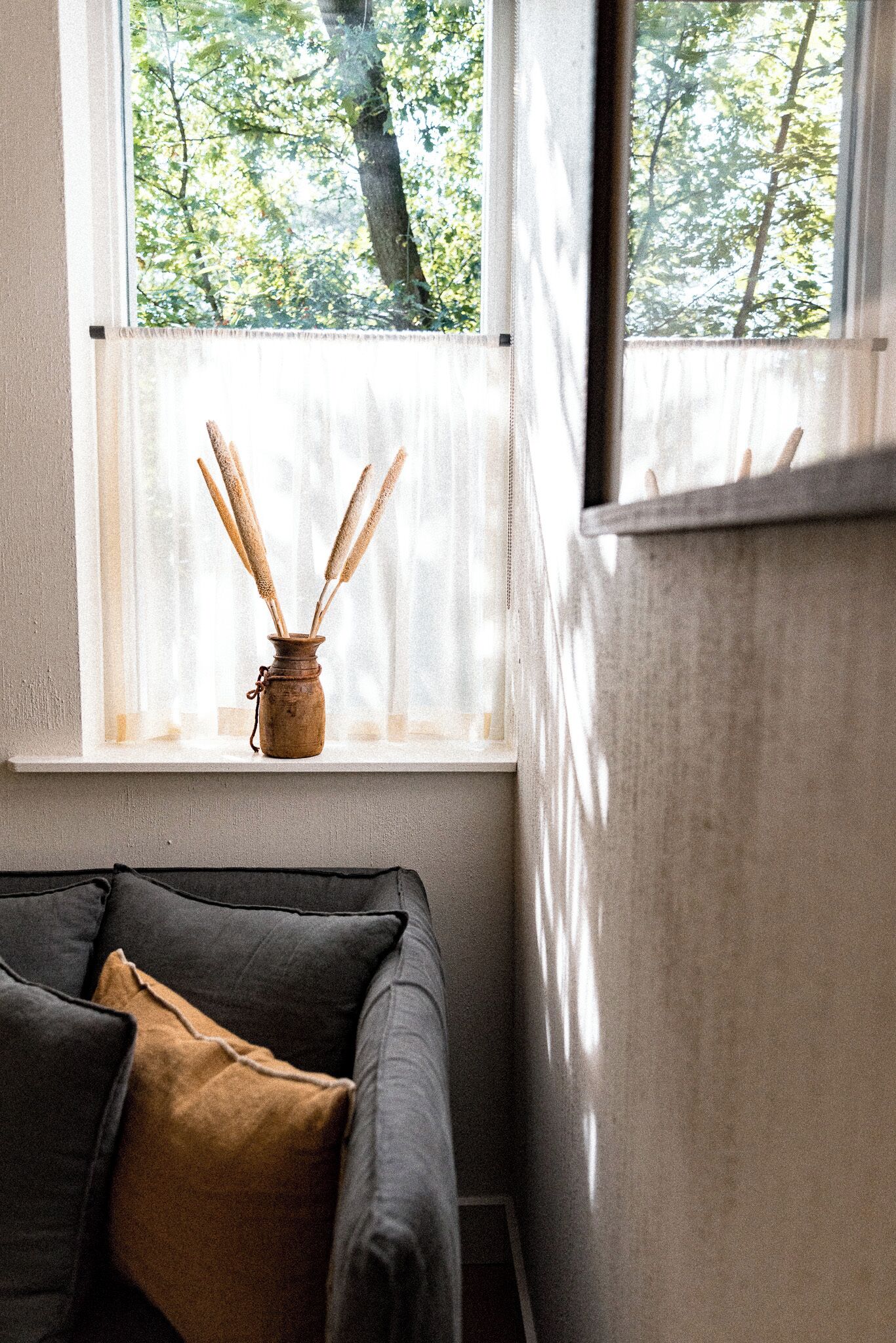 A room with a window, a vase with reeds, and a dark-colored sofa with a brown pillow.