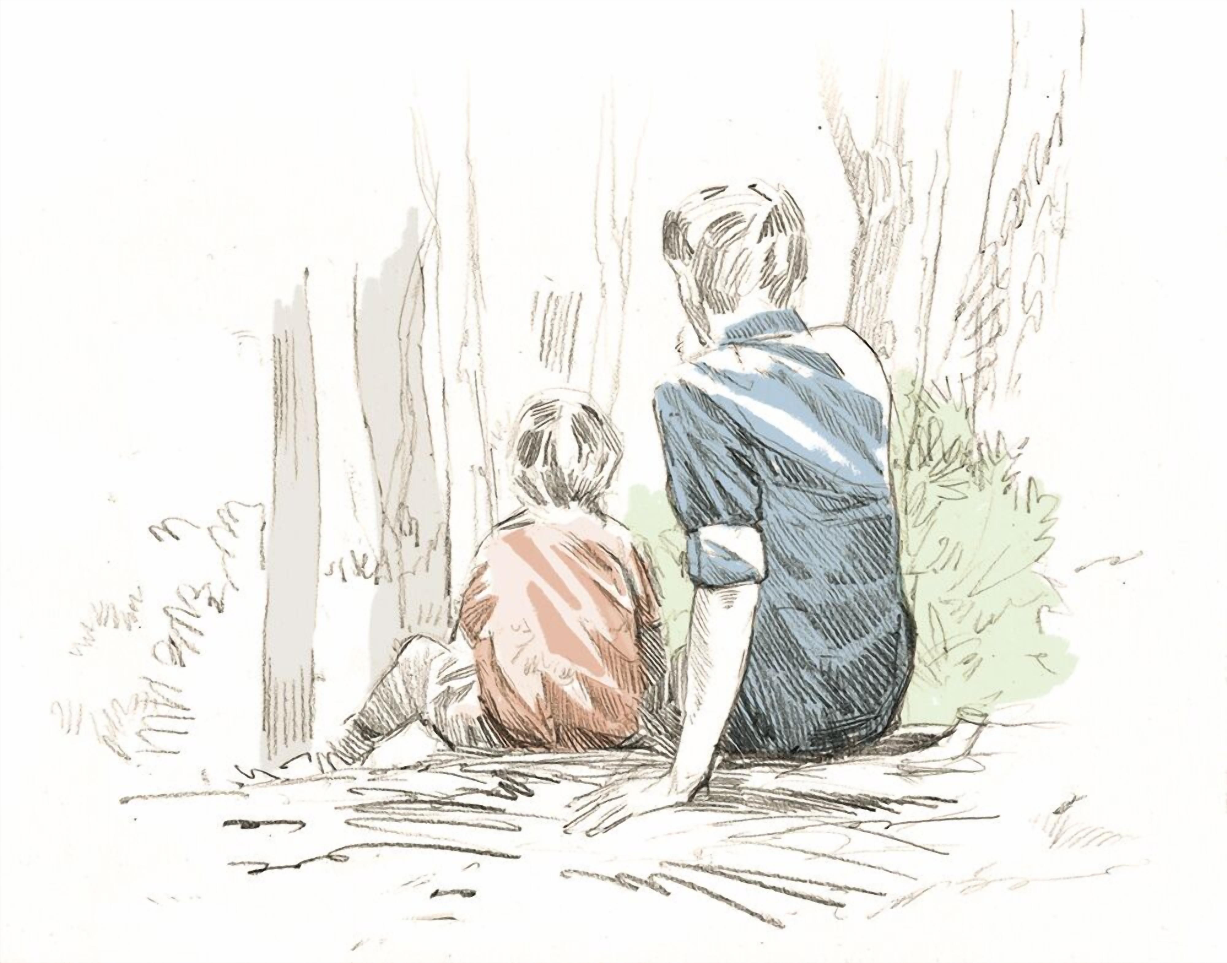 Un dibujo de dos personas sentadas en el suelo, quizás en un parque o jardín.