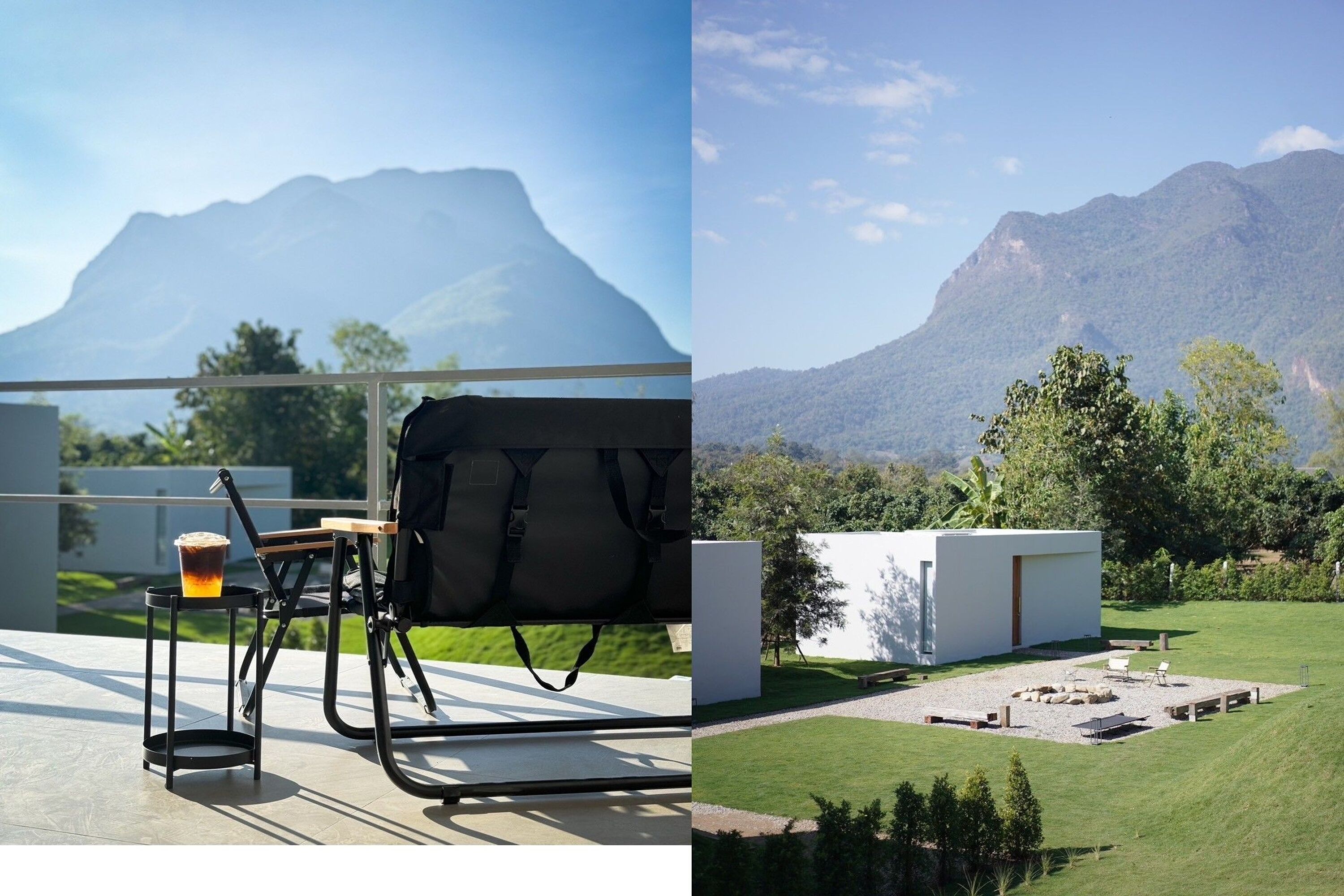 A modern outdoor seating area with a table and chairs, a backpack, and a drink.