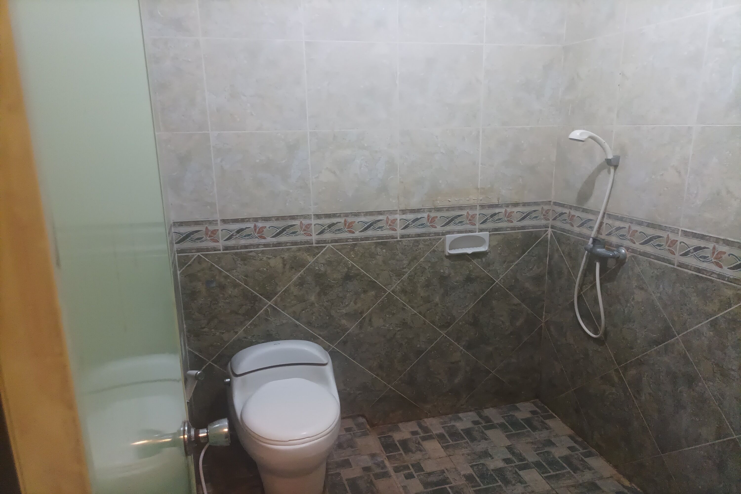 A bathroom with a toilet, shower, and tiled floor.