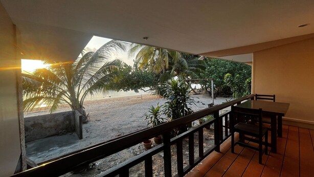 Een balkon met uitzicht op een strand en palmbomen.