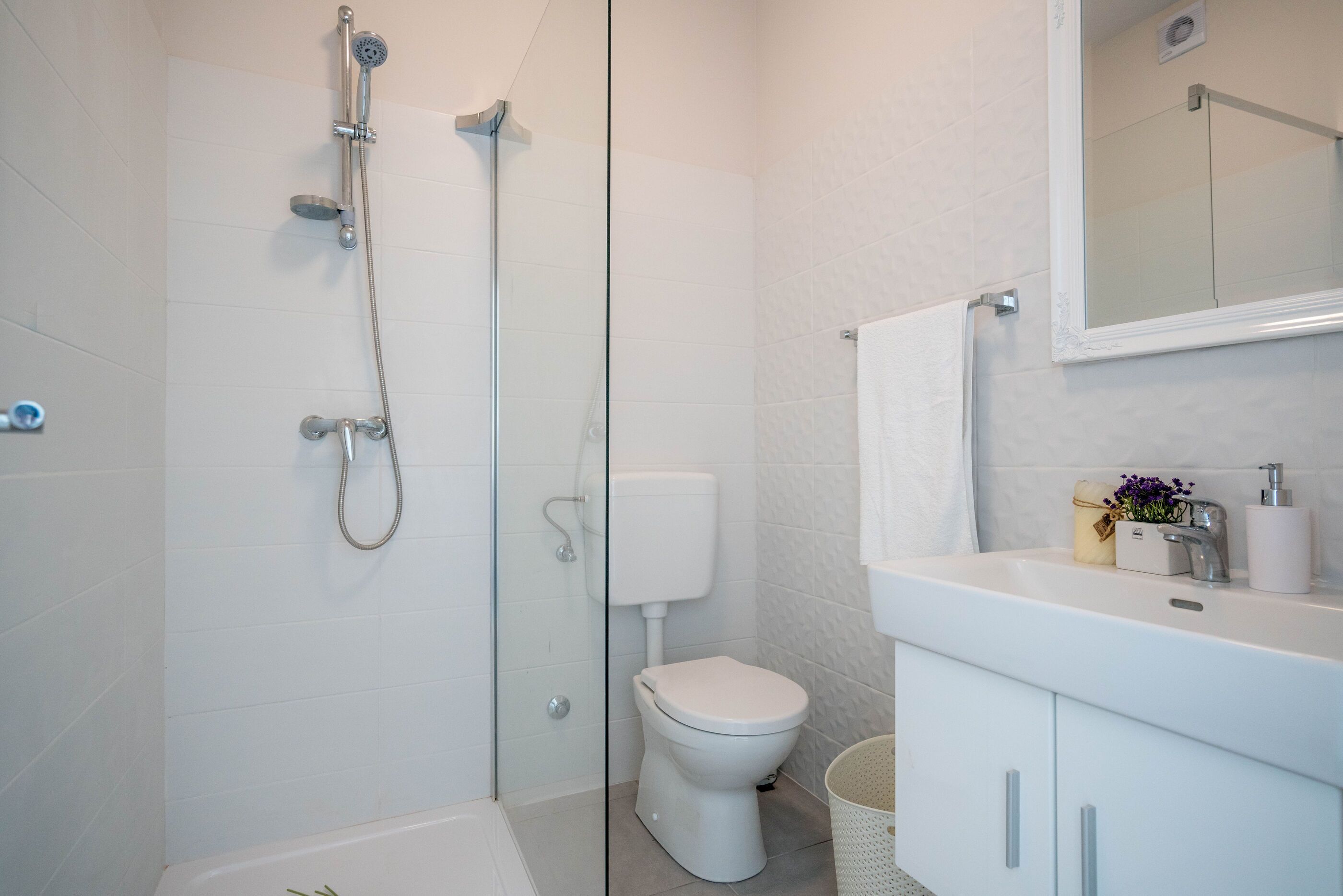 Une salle de bain avec une douche à parois de verre, des toilettes et un lavabo blanc avec un miroir au-dessus.