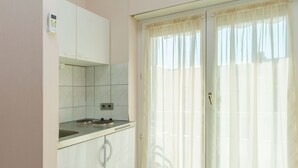 A small kitchen with a stove, a sink, and a cabinet. There is a window with sheer curtains. - Apartments Tonko (Duce)