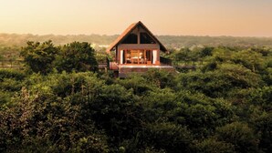 A modern house with a thatched roof, surrounded by dense greenery. - Kotiyagala Luxury Villas (Palatupana)
