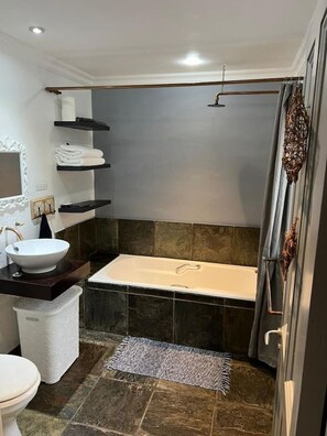 Hair dryer, towels, soap, toilet paper