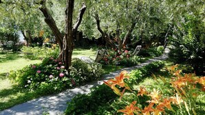 Ein Gartenpfad, umgeben von üppigem Grün, blühenden Pflanzen und Bäumen.