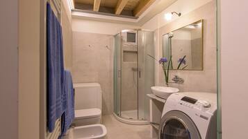 Dusche, umweltfreundliche Kosmetikartikel, Haartrockner, Bidet