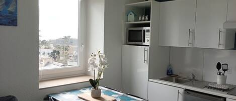 Fridge, microwave, stovetop, coffee/tea maker
