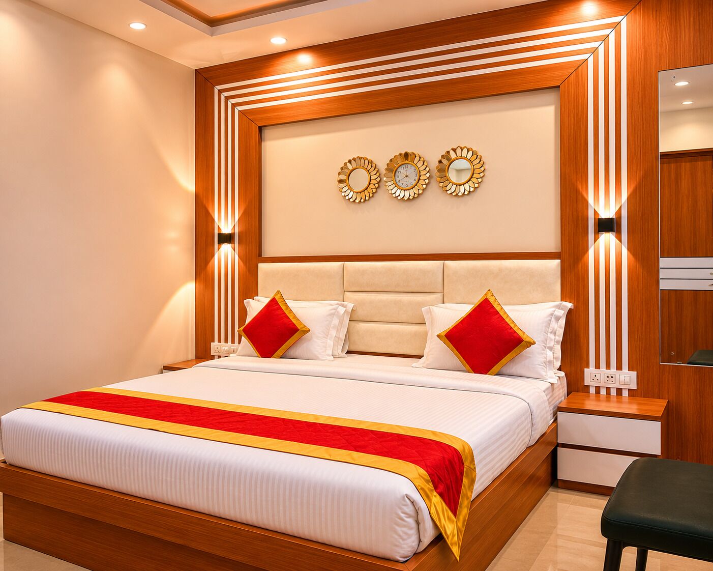 A modern hotel room with a large bed, a wooden headboard, wall-mounted clocks, and a bedside table.