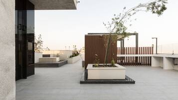 Een terras op het dak met een zithoek, een plantenbak met beplanting en een houten pergola.