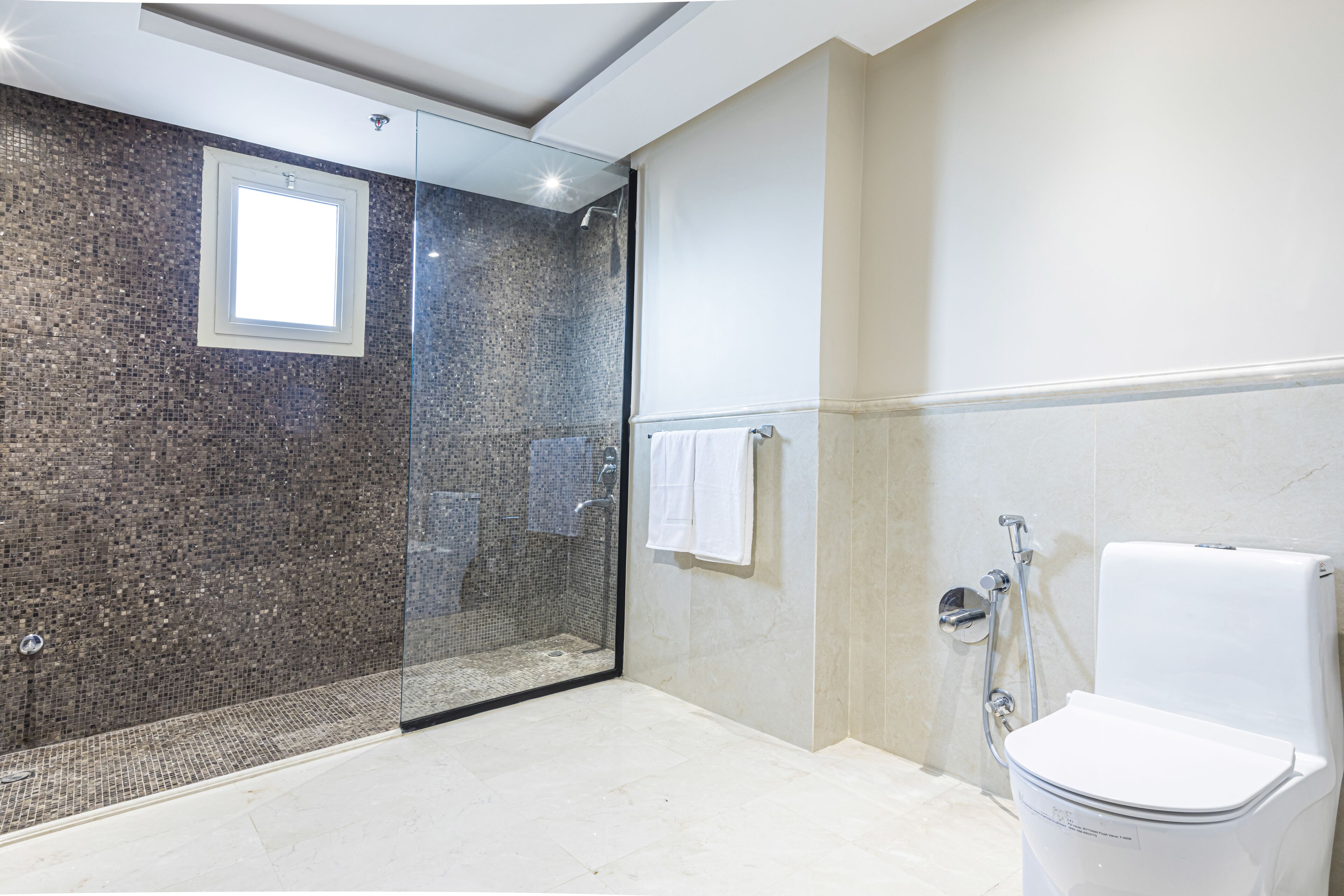 A modern bathroom with a glass-enclosed shower, a white toilet, and a tiled floor.