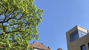 Un immeuble à plusieurs étages comprenant des logements et des espaces commerciaux, avec une variété de styles de fenêtres et une entrée bien visible.