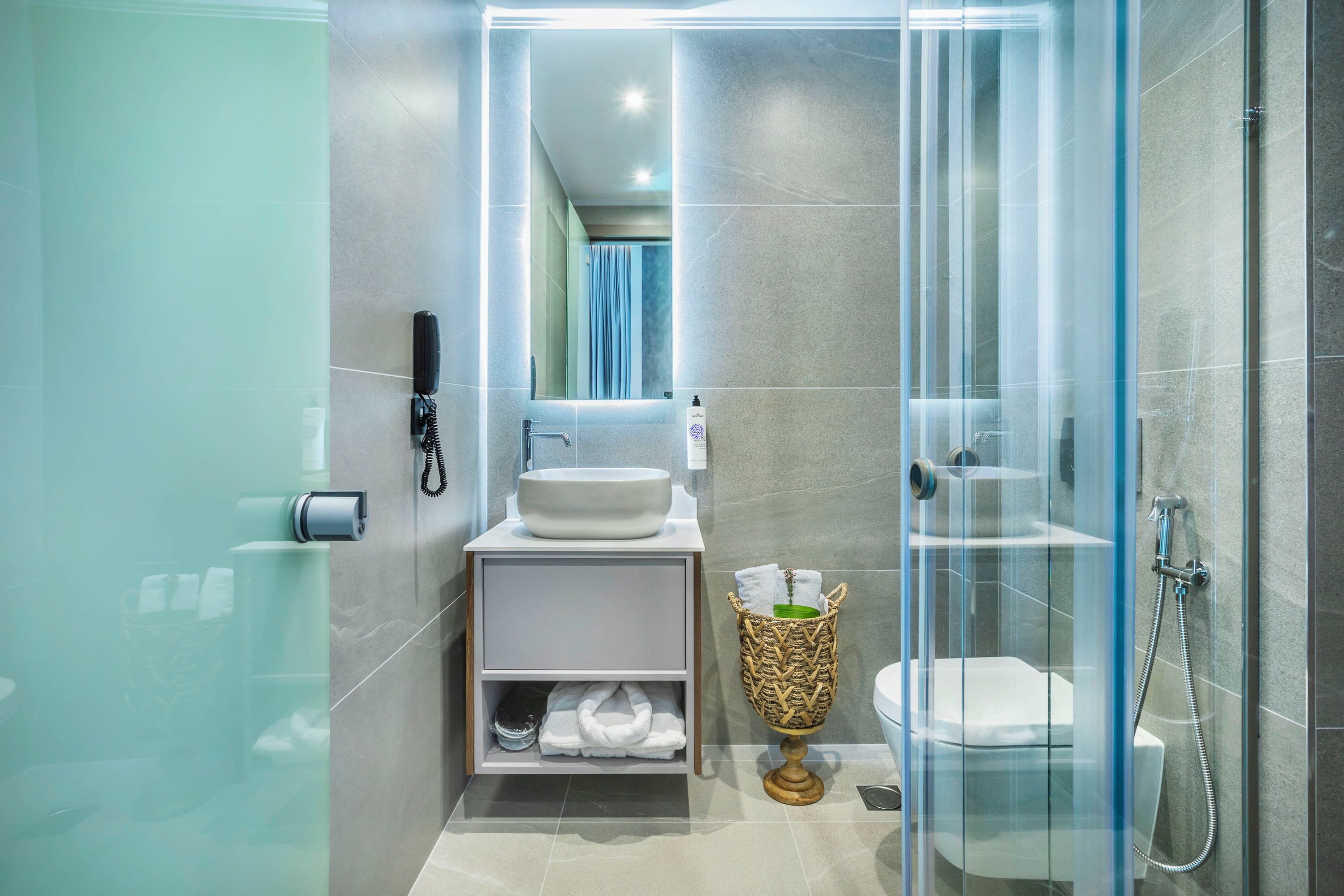 Shower, rainfall showerhead, hair dryer, bathrobes