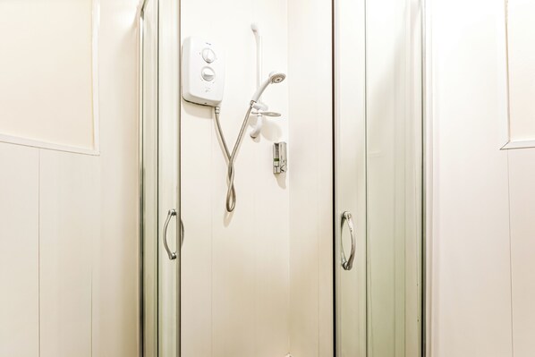Une douche équipée d’un pommeau de douche à main, d’un panneau de commande mural et d’un robinet à main.