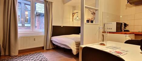 1 slaapkamer, een strijkplank/strijkijzer, reisbedje, internet