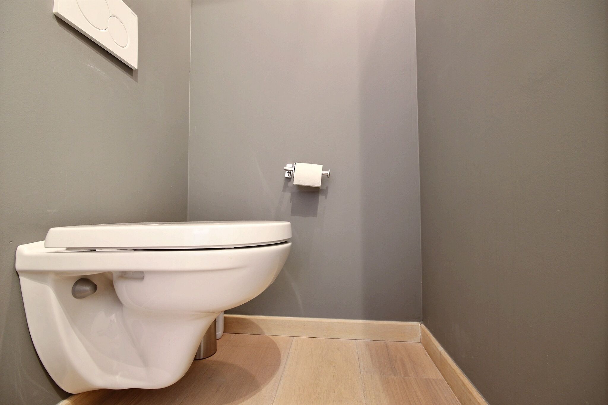 Ein modernes Badezimmer mit einer weißen Toilette, einem Toilettenpapierhalter an der Wand und Holzboden.