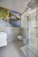 Un baño moderno con ducha envuelta en vidrio, inodoro y lavabo.