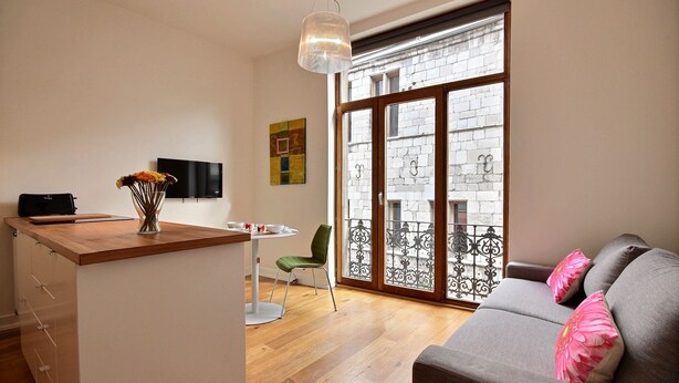A modern living space with a kitchen area, a dining table, and a sofa with decorative pillows. - Goffe Street - Studio (Liège)