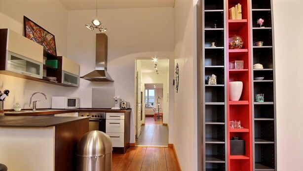 A modern kitchen with a central island, stainless steel appliances, and a red shelving unit with various decorative items. - Jardin Botanique - 1 bedroom (Liège)