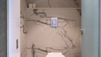 A bathroom with a toilet, marble walls, and a shower area.