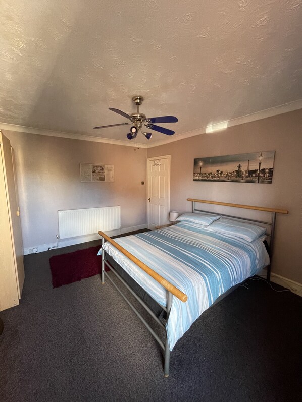A bedroom with a bed, a ceiling fan, a radiator, a door, and a painting on the wall.