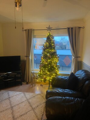 Departamento | Área de sala de estar | Televisión y chimenea