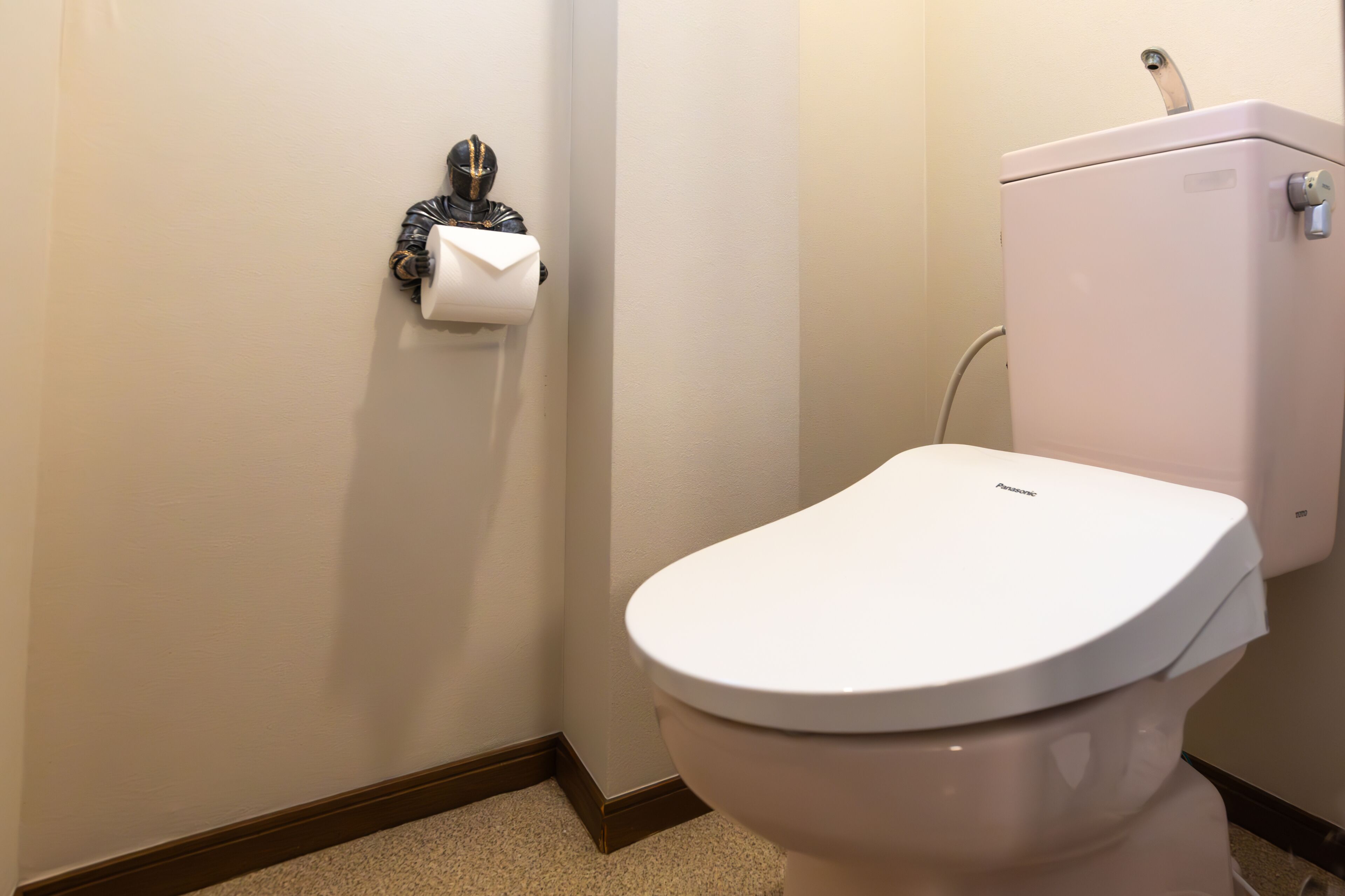 A white toilet with a tank, a toilet paper holder on the wall, and a brown baseboard.