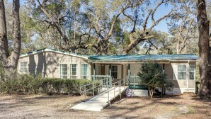 A single-story house with a green roof, a front porch, and a small staircase leading to the entrance. - Peaceful Mcalpin Home on 5 Acres w/ Private Deck! (Live Oak)