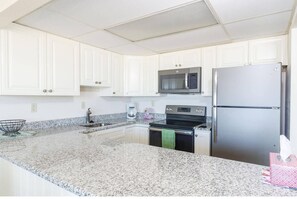 Fridge, microwave, dishwasher, coffee/tea maker