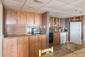 Fridge, microwave, coffee/tea maker, toaster