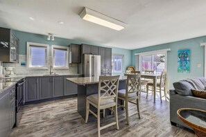 Fridge, microwave, coffee/tea maker, toaster