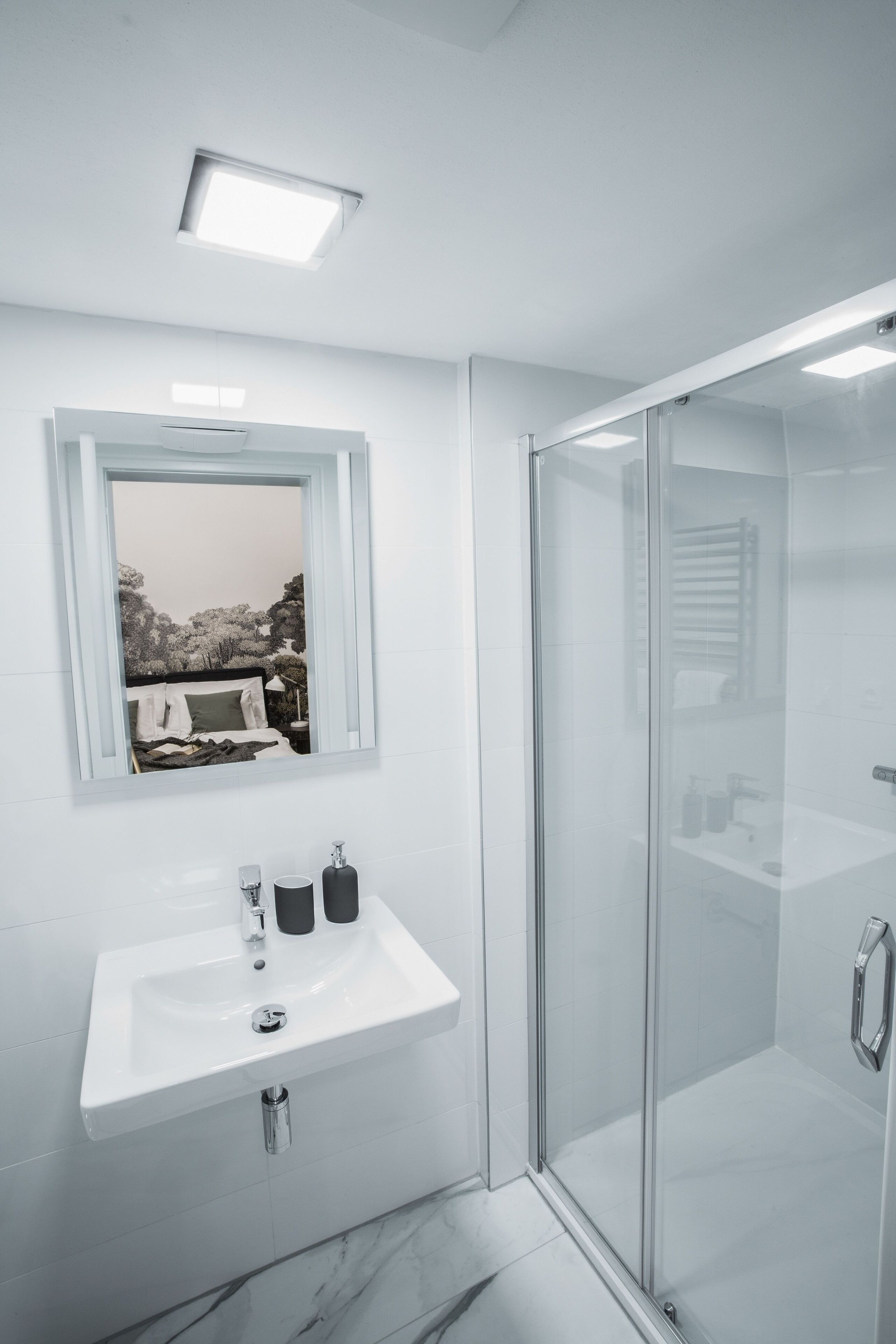 A modern bathroom with a glass shower enclosure, a white sink with two soap dispensers, and a mirror above the sink reflecting a bedroom with a bed and a view of trees.