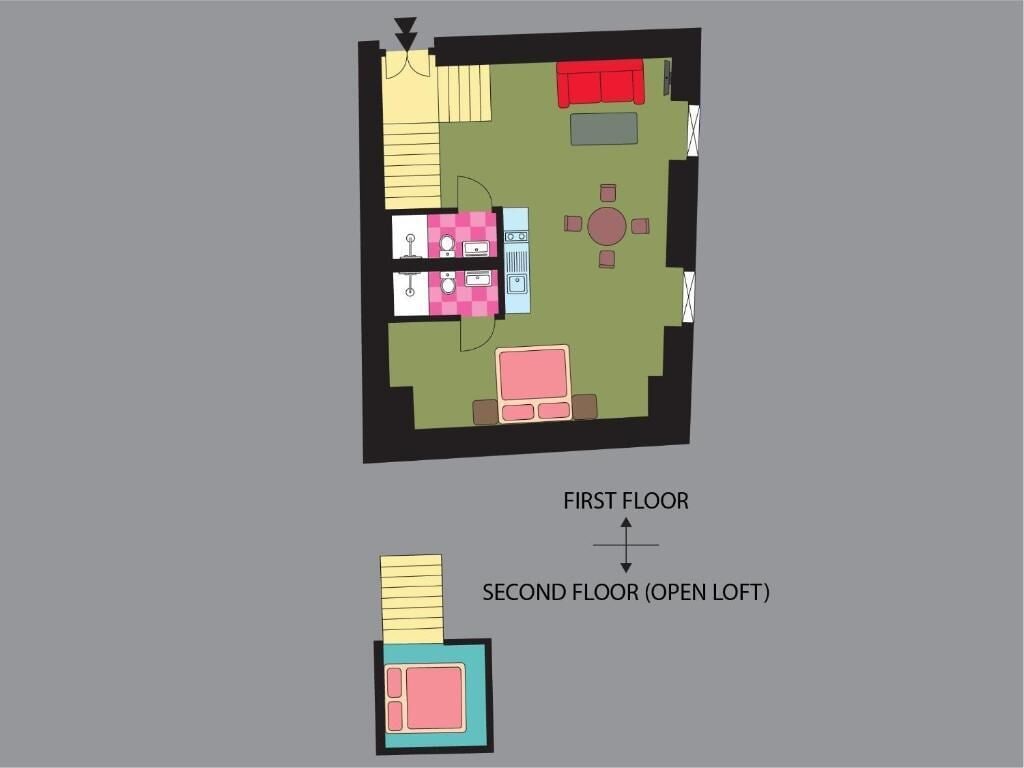 A floor plan of a hotel with a living area, kitchen, and two bedrooms.